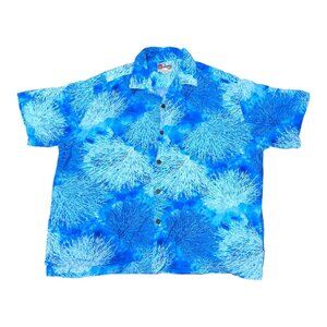Hilo Hattie Hawaiian 3XL Blue Short Sleeve Shirt Camp Aloha Coral Fan Tropical